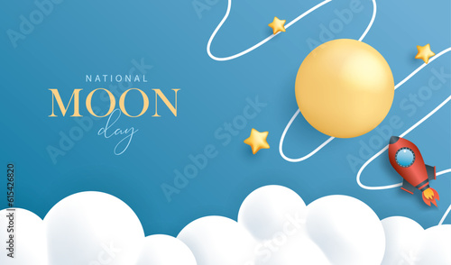 National moon day banner with moon, stars, cloud and rocket.