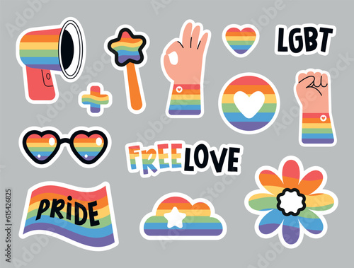 Cute sticker collection with LGBT and Pride month symbols. Flat vector minimalist illustrations of rainbow signs