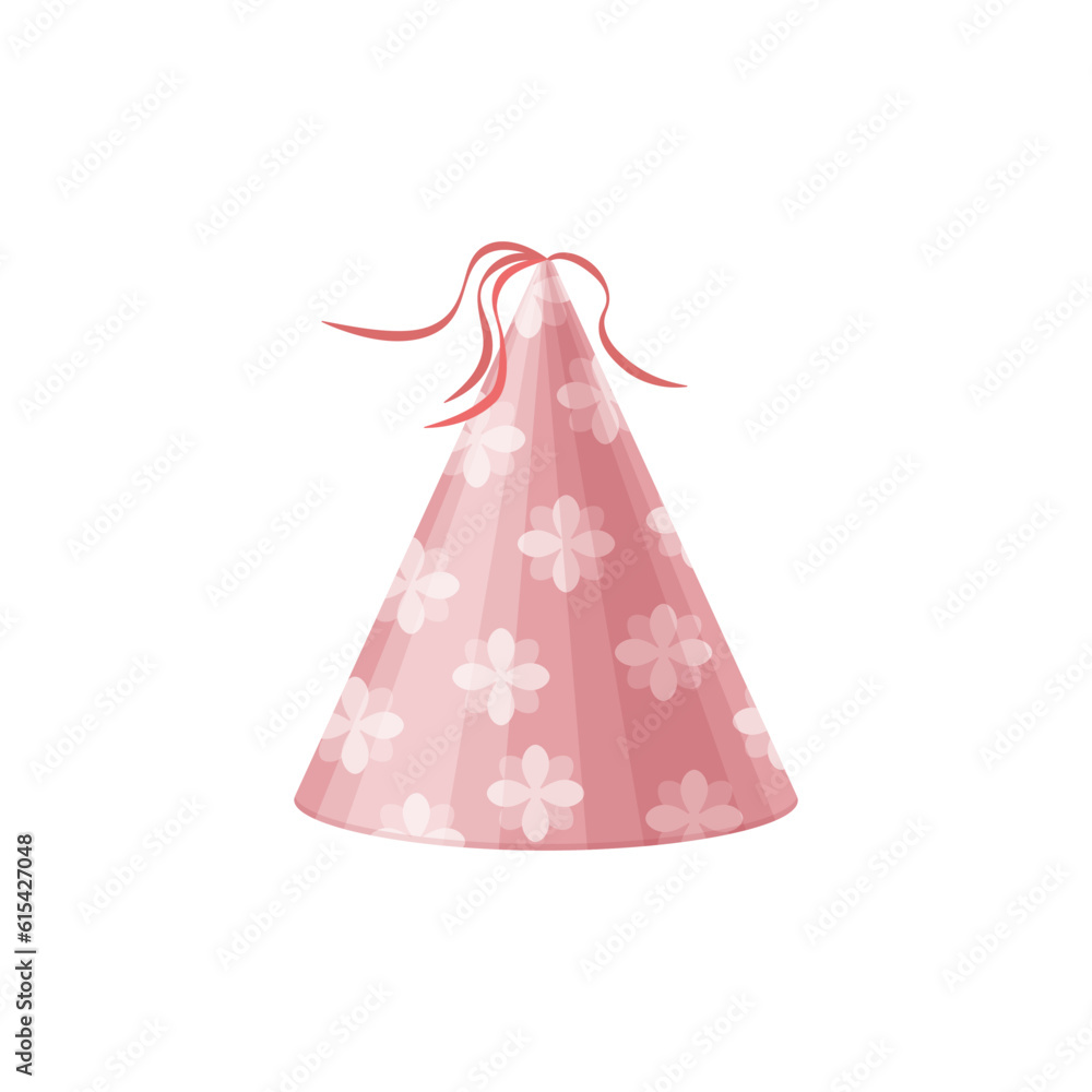 A festive hat. The cap for the holiday is pink with a beautiful pattern. A festive accessory. Birthday, party, holiday. Vector illustration in cartoon style, isolated on a white background.