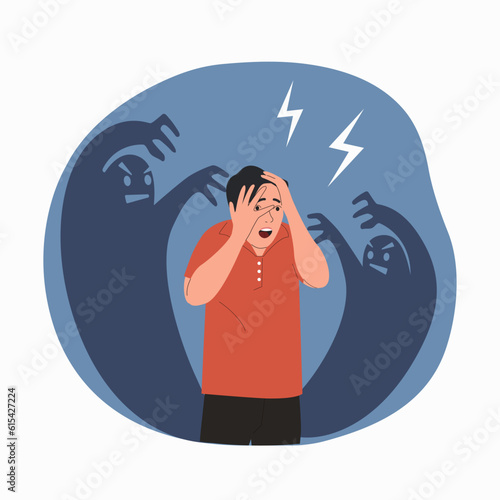 Young man experiences fear, fright, stress. Phobia night monster. Vector flat style cartoon illustration.
