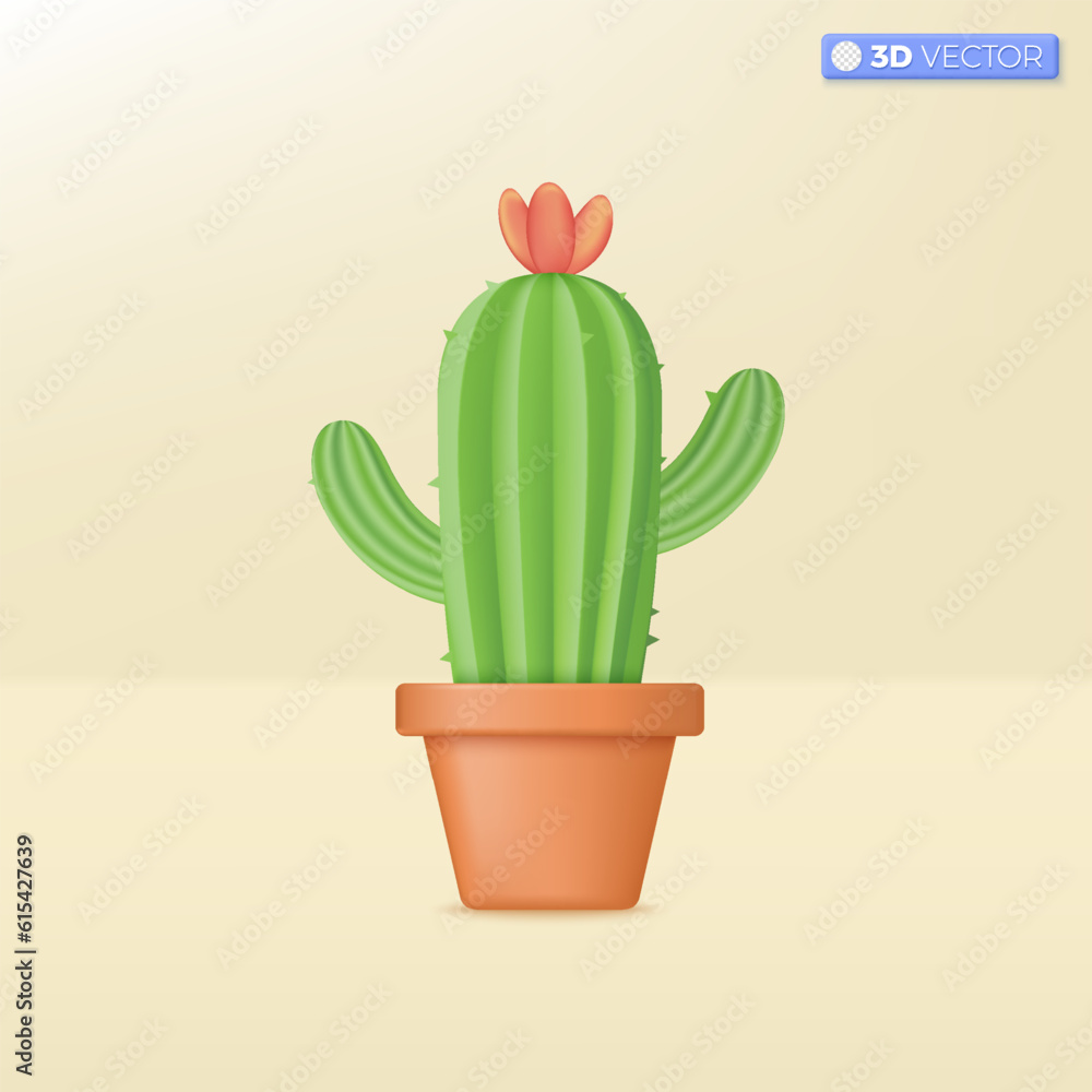 Green cactus in clay pot icon symbols. Ornamental plant for home and office decoration concept. 3D vector isolated illustration design. Cartoon pastel Minimal style. Used for design ux, ui, print ad.