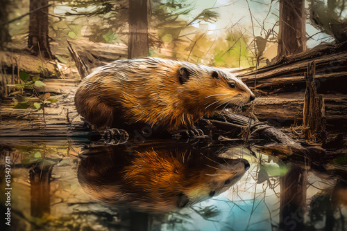 Stunning double-exposure beaver building a forest stream dam, showcasing rich earthy tones, harmonious structure, and evoking deep emotions within nature's realm. Generative AI photo