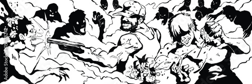 Zombie apocalypse survivors fighting against zombies vector art