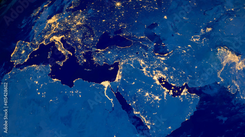 Earth photo at night, World map. Satellite photo. City Lights of Europe, Middle East from space. Elements of this image furnished by NASA.