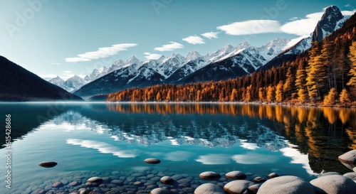 a beautiful mountain lake surrounded by trees and rocks, generative AI. © Absolutely Stunning
