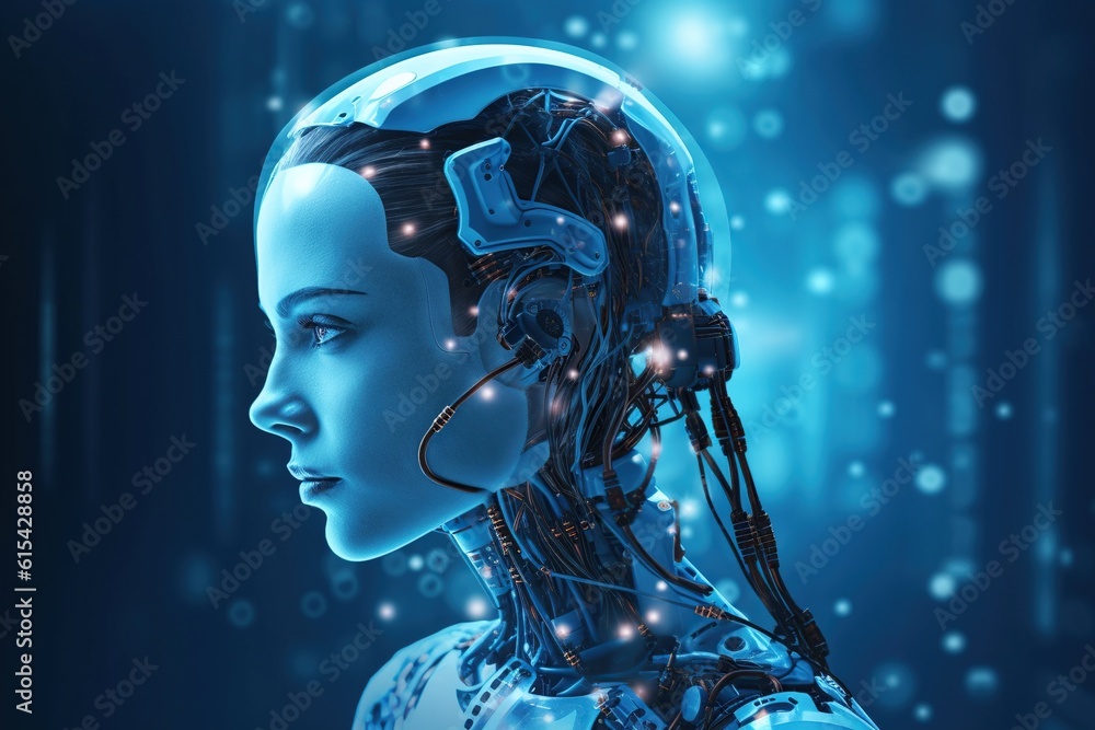 Illustration of a cyborg woman and Ai technology background , AI Generated. Illustration of a cyborg woman and Ai technology background , AI Generated.