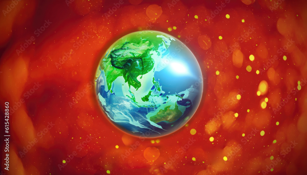 Blue earth on orange red background. Concept earth day