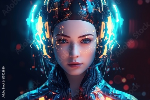 Illustration of a cyborg woman and Ai technology background   AI Generated.