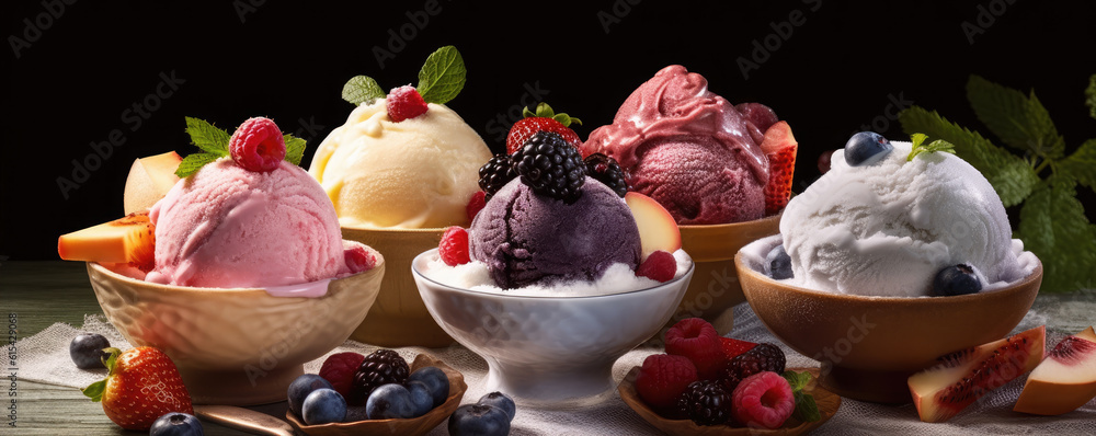 Various summer dessert of ice cream made with fresh berries, fruits, coffee beans, pistachio and chocolate served in bowls. generative ai Various summer dessert of ice cream made with fresh berries, fruits, coffee beans, pistachio and chocolate served in bowls. generative ai