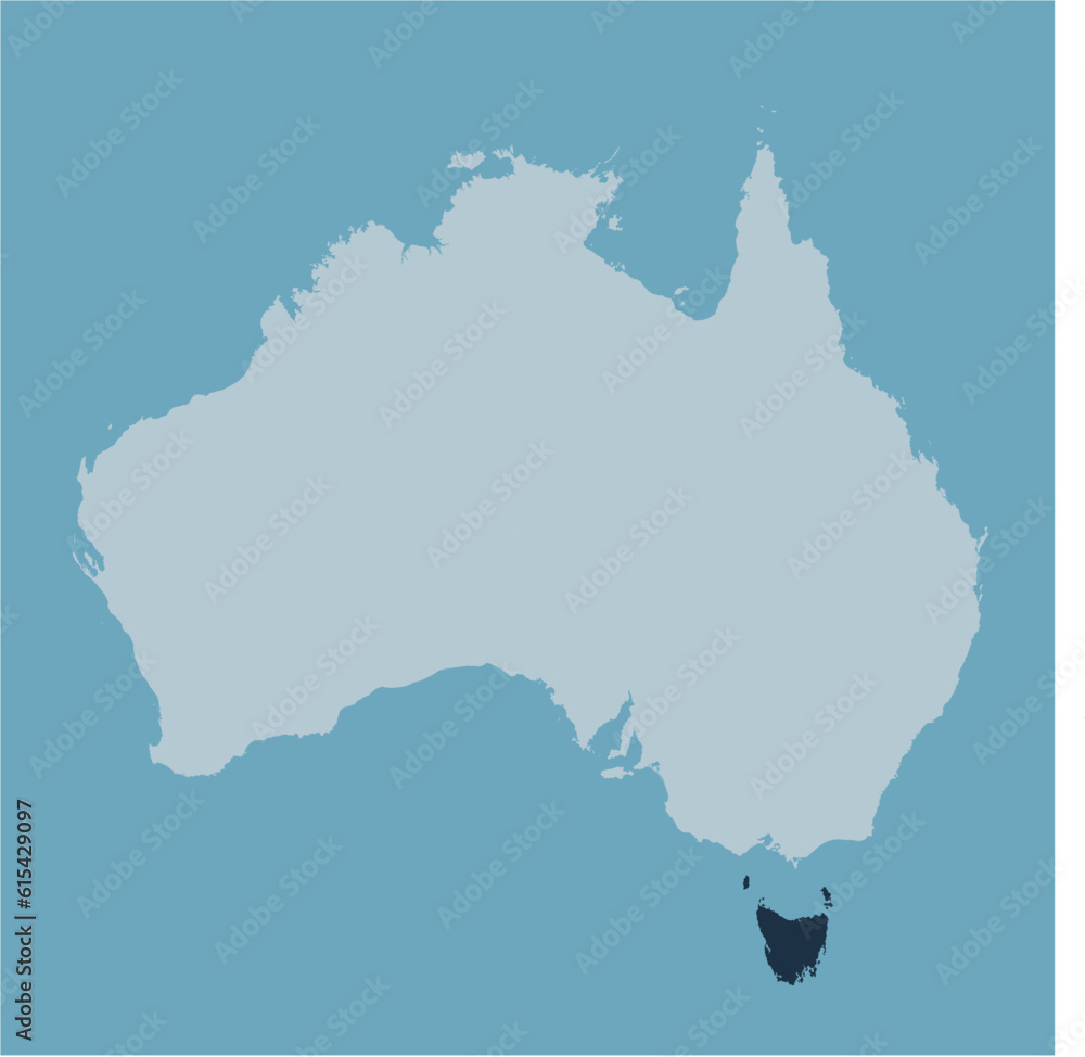Vector map of the state of Tasmania highlighted highlighted in blue on a map of Australia in shades of blue.