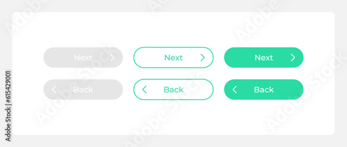 Back and next register buttons UI elements kit. Isolated vector components. Flat navigation menus and interface buttons template. Web design widget collection for mobile application with light theme