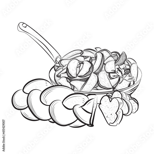 fried potato in pan with bread
