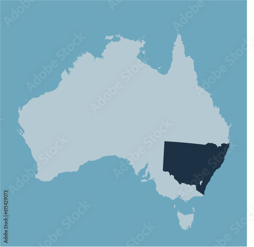 Vector map of the state of New South Wales highlighted highlighted in blue on a map of Australia in shades of blue.