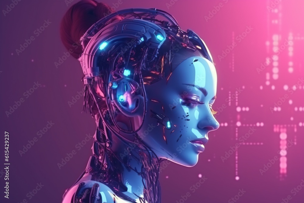 Illustration of a cyborg woman and Ai technology background , AI Generated.