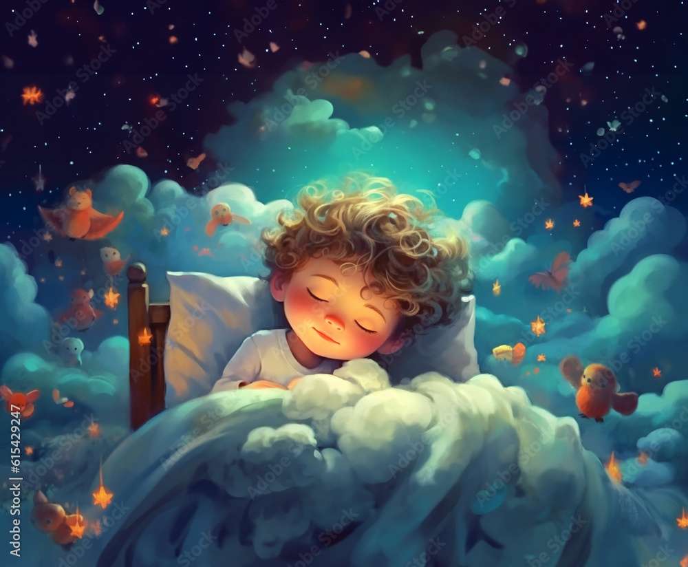 cute kid or a boy sleeping in a pillow bed in the sky with colorful ...