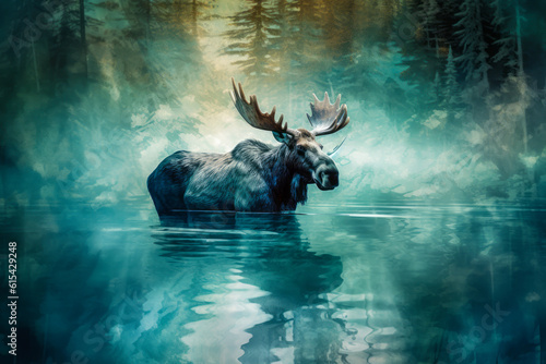 Captivating double exposure of a serene elk wading in calm lake, showcasing submerged grace, reflective tones and site-specific artwork that evokes emotion. Generative AI