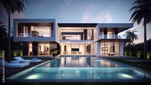 Luxury Minimalist Design Mansion house with Stunning Pool and Garden View. Generative AI © piai