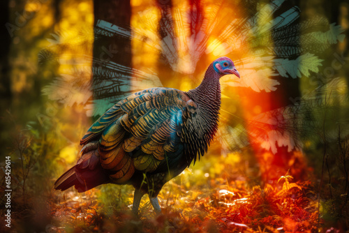 Captivating double-exposure scene of a proud wild turkey strutting in sunlit forest clearing, evoking warm emotions through radiant tones and harmonious presentation. Generative AI