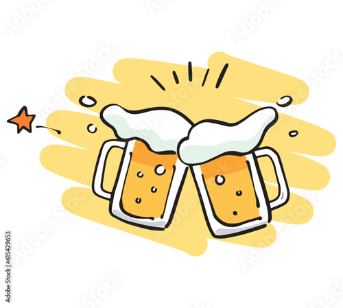 手描きのビールで乾杯するイラスト