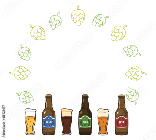 手描きのビールとホップのフレーム　イラスト