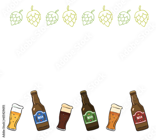 手描きのビールとホップのフレーム　イラスト