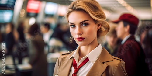 Woman working as a flight attendant in the background of the airport Generative ai