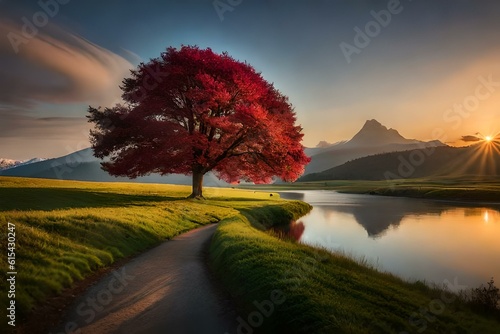 a pink leaves tree in a very calm park