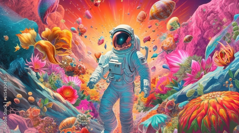 Astronaut in the midst of a surreal space landscape, where heavenly bodies take the form of giant fruits, bright flowers. Generative ai.