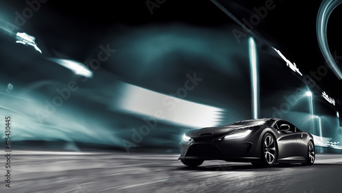 Black car driving at high speed at night, wallpaper and background, generative IA 