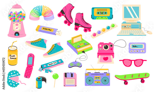 Retro 80s 90s clipart set. Cute y2k glamour fashion patches, badges, emblems, stickers. Modern flat cartoon style.