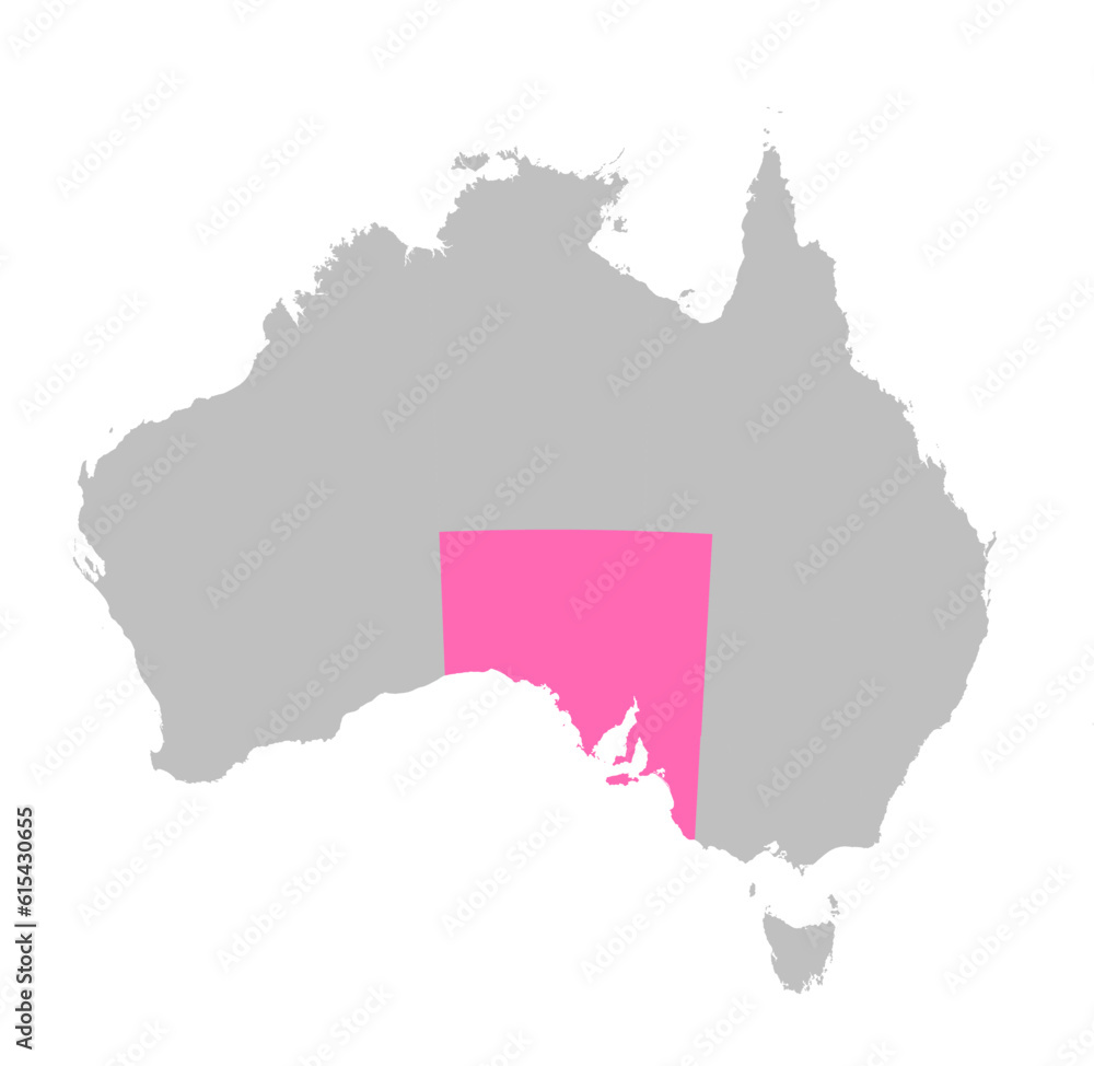 Vector map of the state of South Australia highlighted highlighted in bright pink on a map of Australia.