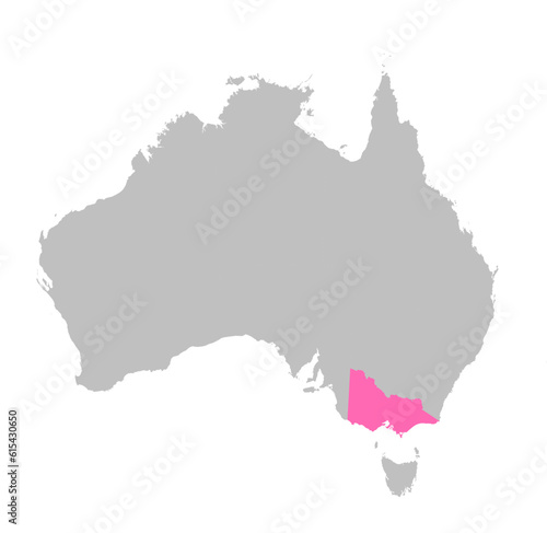 Vector map of the state of Victoria highlighted highlighted in bright pink on a map of Australia.