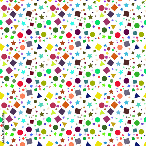Vector colorful geometric pattern with different shapes. Seamless colorful geometric background. For printing wallpaper, gift wrapping paper,, bed linen, textile, fabric, cover, kids clothing
