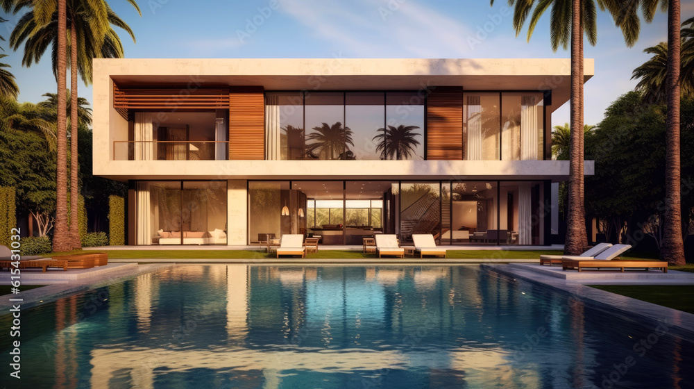 Luxury Minimalist Design Mansion house with Stunning Pool and Garden View. Generative AI