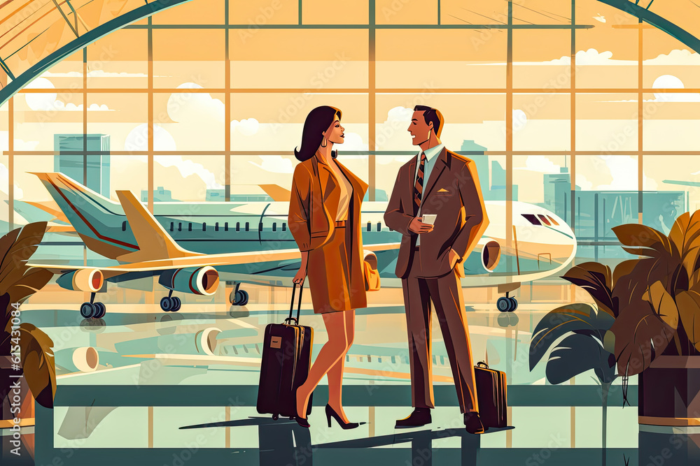 Young couple at the airport. Conceptual artwork on holidays and travel. Generative AI Young couple at the airport. Conceptual artwork on holidays and travel. Generative AI