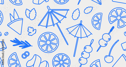 Seamless pattern of cocktail garnishes. Line art, retro. Vector illustration for bars, cafes, and restaurants.