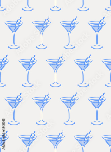 Seamless pattern of martini cocktail. Line art, retro. Vector illustration for bars, cafes, and restaurants.