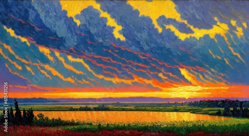 a painting of a sunset over a lake, generative AI.