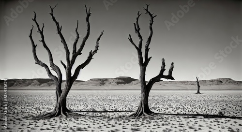 a black and white photo of two dead trees in the desert, generative AI.