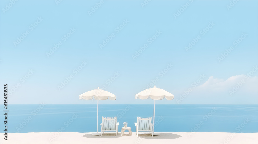 beach with umbrella and chairs on blue scene background created with Generative AI