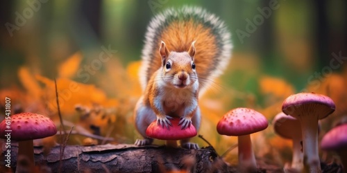 squirrel in the mushroom autumn forest