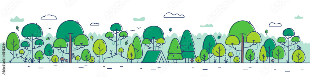 Horizontal Illustration Banner Green Forest, Eco-Friendly Environment