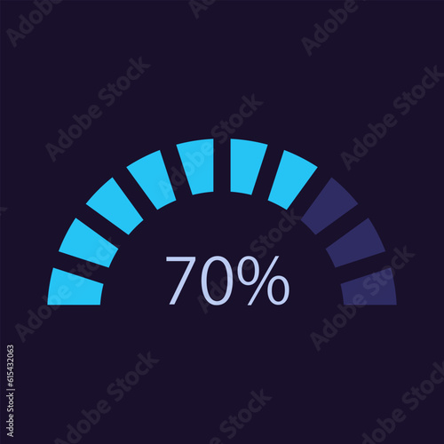 Half doughnut infographic chart design template for dark theme. Seventy percentage. Editable semi circle infochart with indicator. Visual data presentation. Myriad Pro-Bold, Regular fonts used