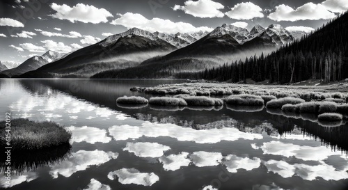 a black and white photo of a mountain lake, generative AI.