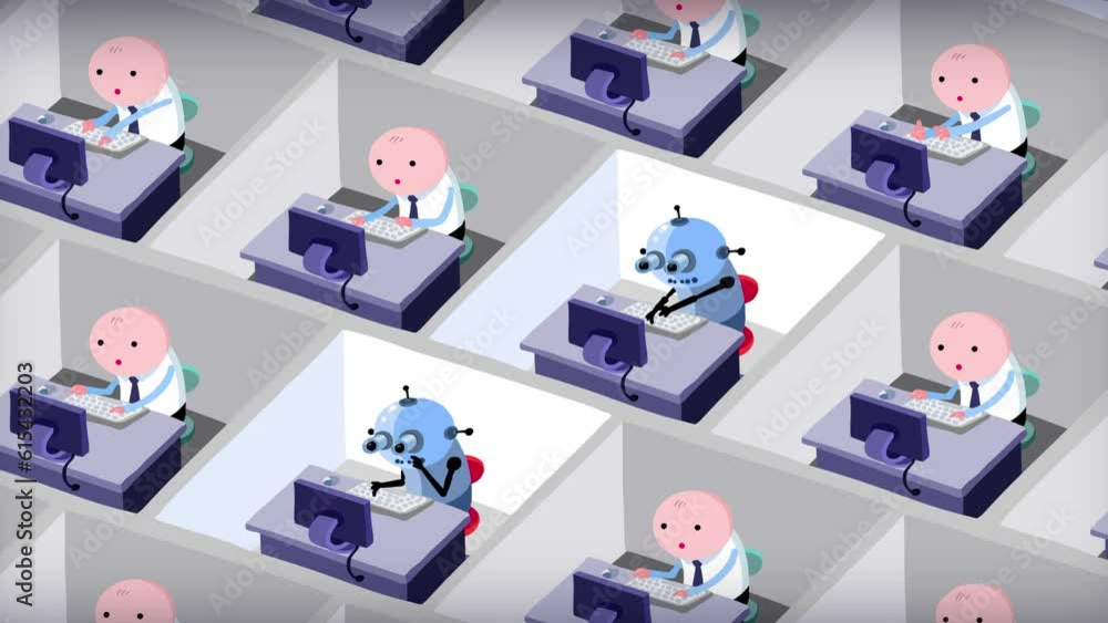 Office employees transforming to working robots. Technology replacing ...