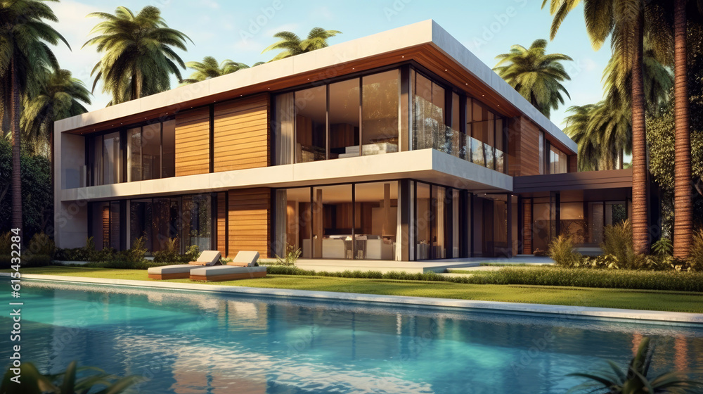 Luxury Minimalist Design Mansion house with Stunning Pool and Garden View. Generative AI