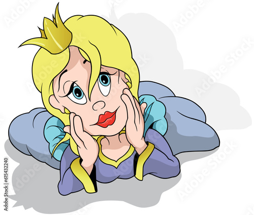 Princess with Blond Hair in a Purple Dress Lying on the Ground