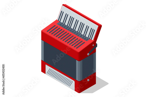 Isometric old red accordion isolated on a white background