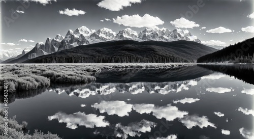 a black and white photo of a mountain lake, generative AI.