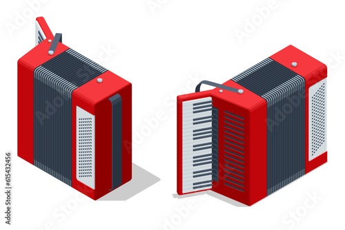 Isometric old red accordion isolated on a white background